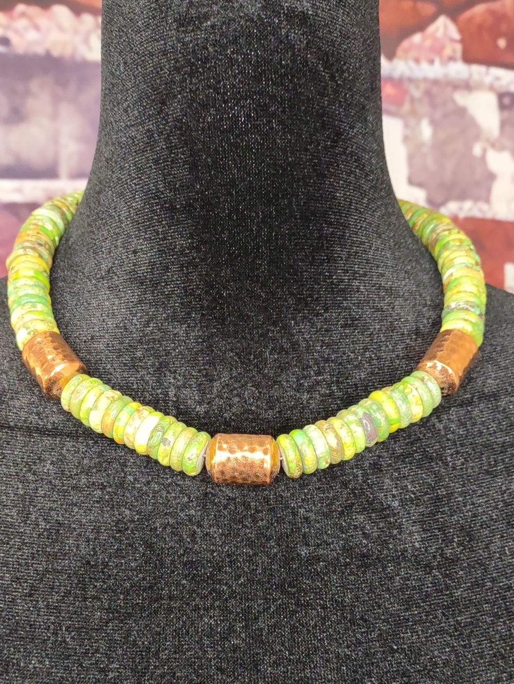Jay King Lime Green Turquoise Disc Necklace with Copper Accents